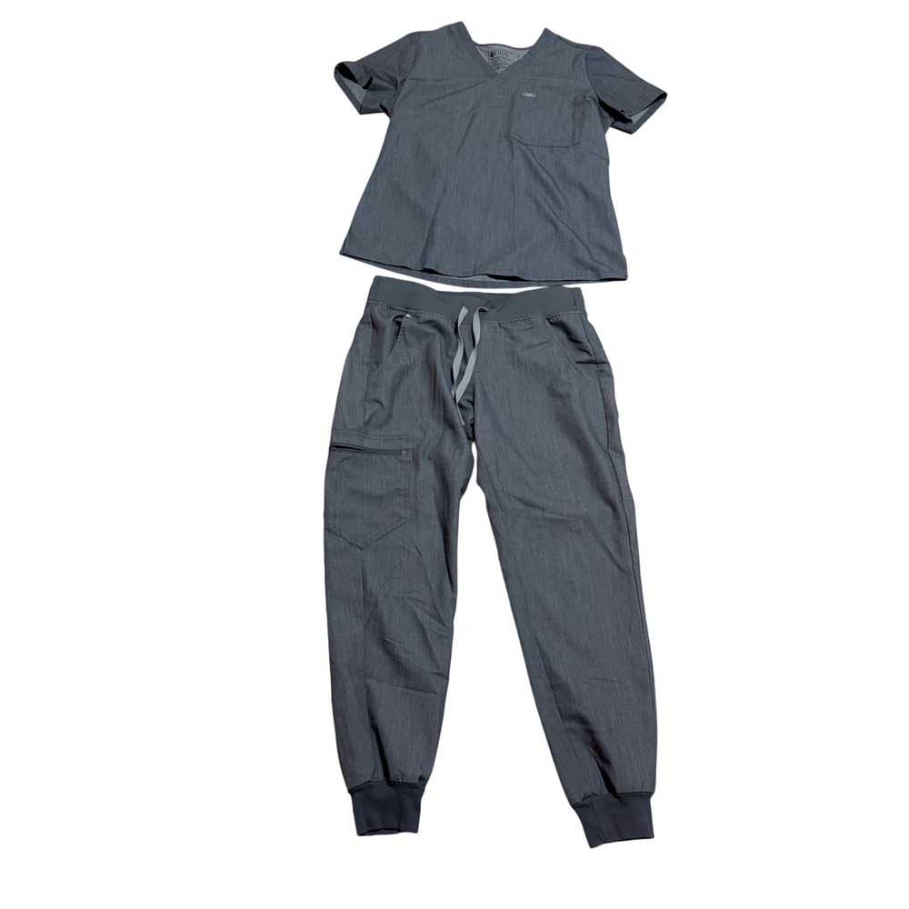 FIGS Gray Scrub Set V-Neck Top sz Jogger Pants S Petite some flaws in pants